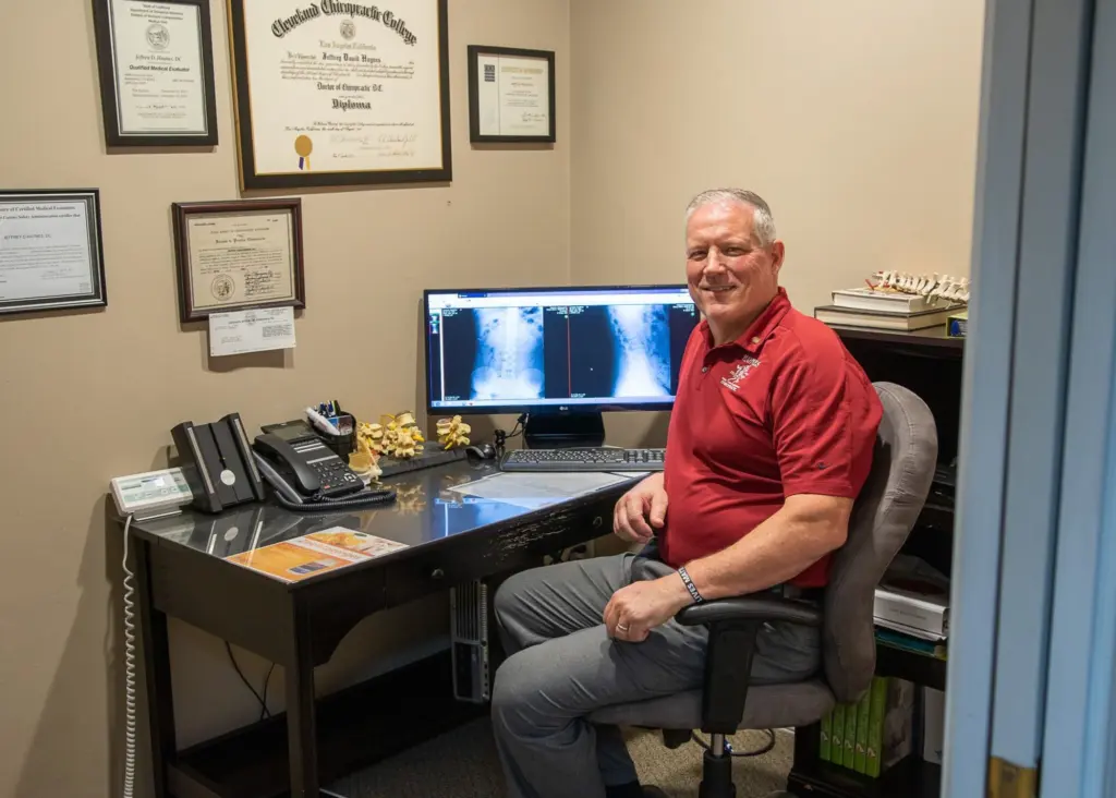 Dr. Jeff Haynes in his office, diplomas on the wall